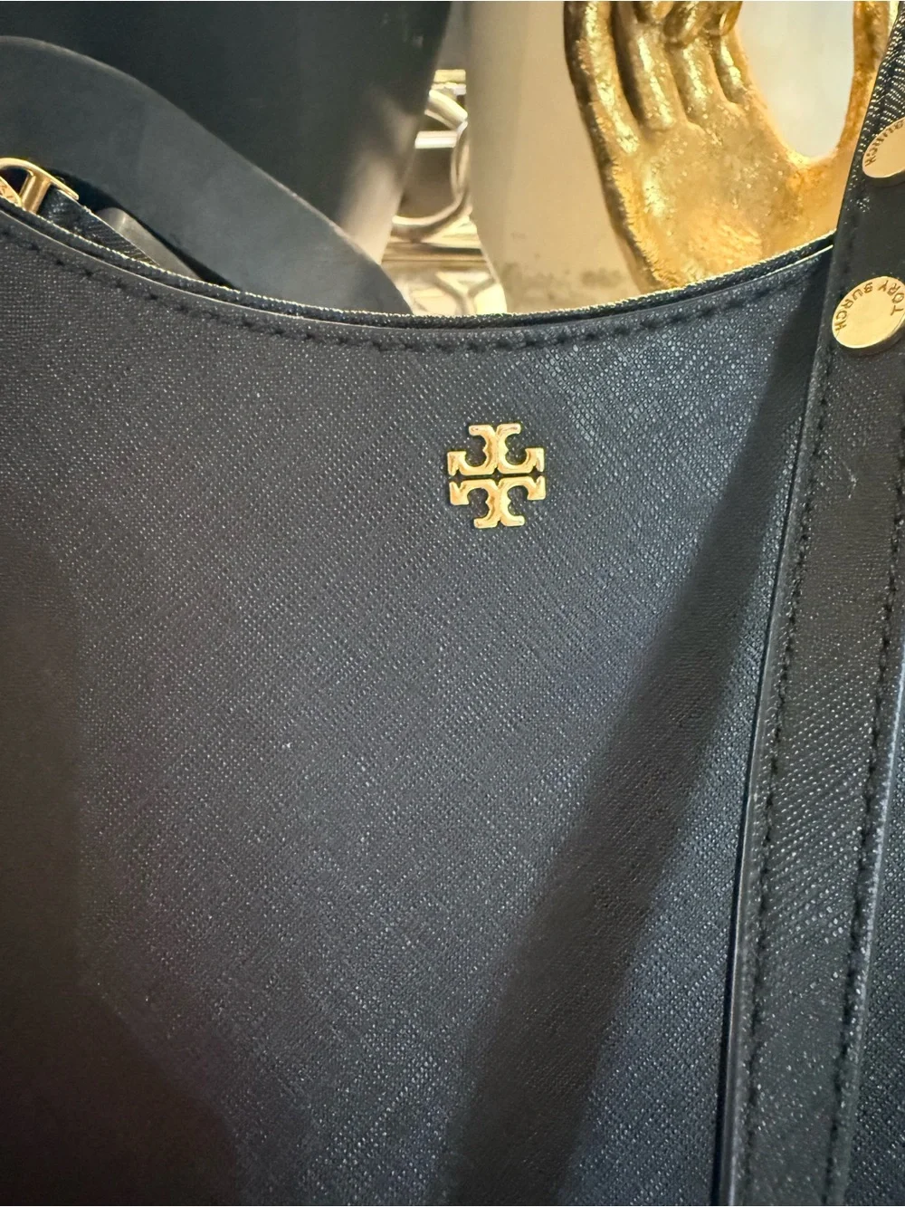 Tory Burch Black emerson  Saffiano Crescent Shoulder Bag with Gold Hardware
